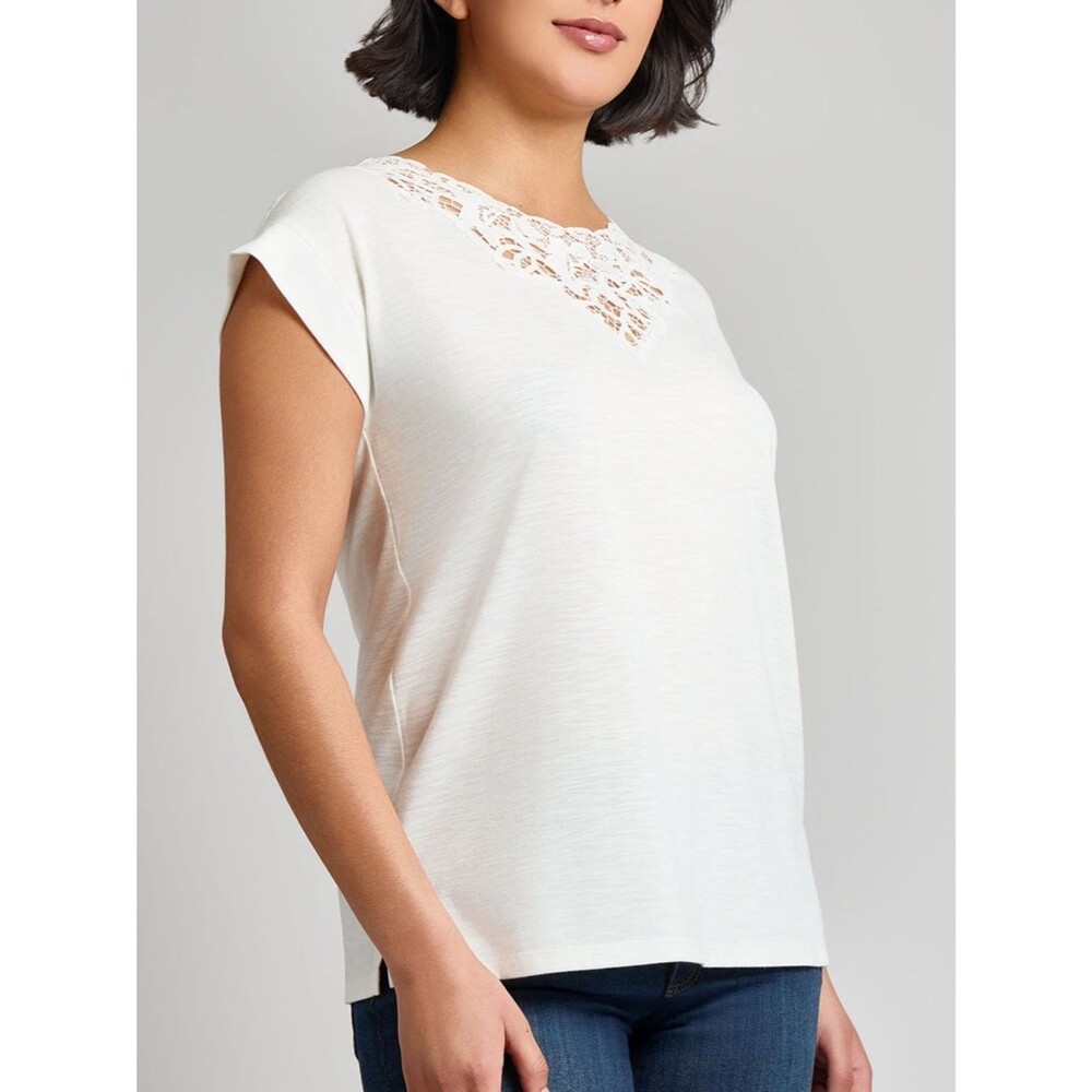 Jones New York Lace Inset Top Dolman Sleeve Stretch Knit White Pullover S NEW - Picture 9 of 13